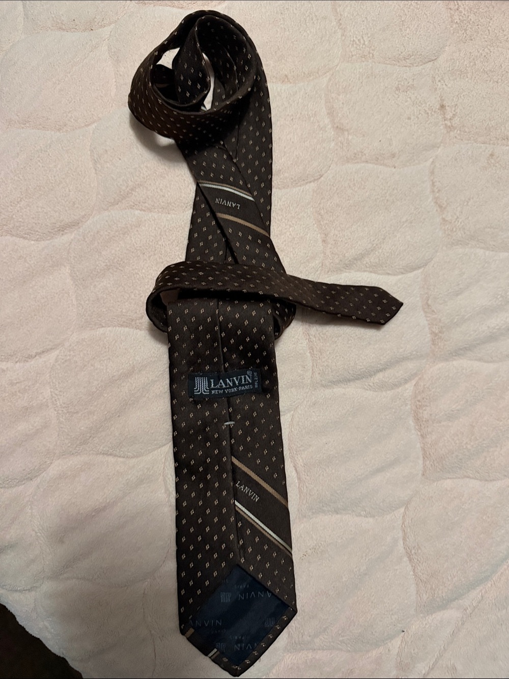 Vintage Lanvin Brown Silk Tie with Subtle Cream Motif